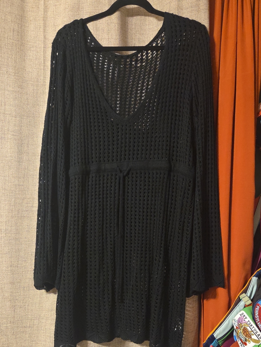 Black Long-Sleeve Crochet V-Neck Cover Up Dress